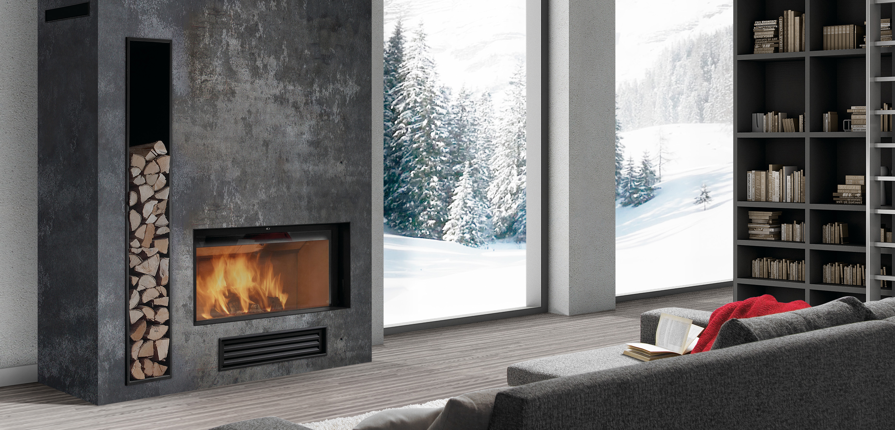 Termosemineu Carinci cu focar panoramic intr-un living modern